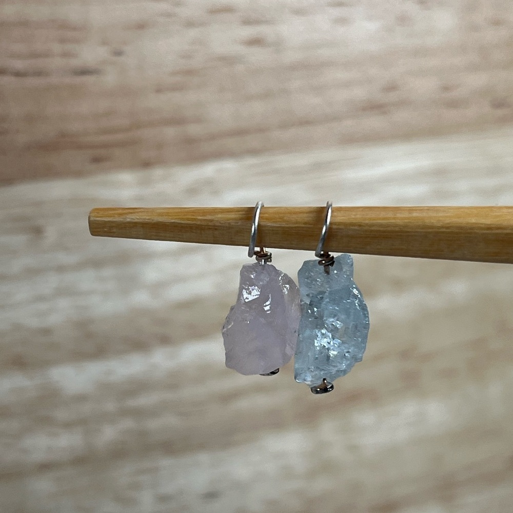 Set of 2 Sterling Silver Aquamarine Rose Quartz Gemstone Charm Pendants - Picture 3 of 6